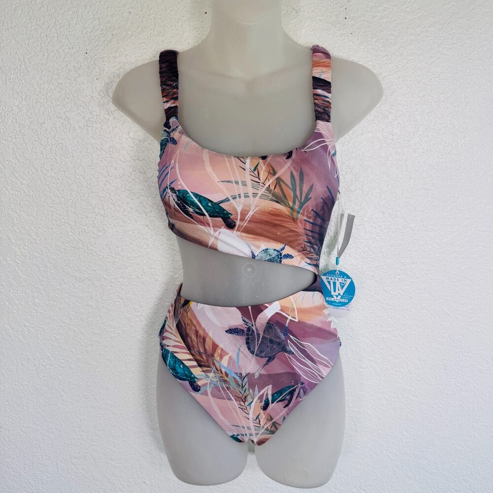 WET Swimsuit Women Small Turtle Print One Piece Cut Out Padded Resort Cruise NEW